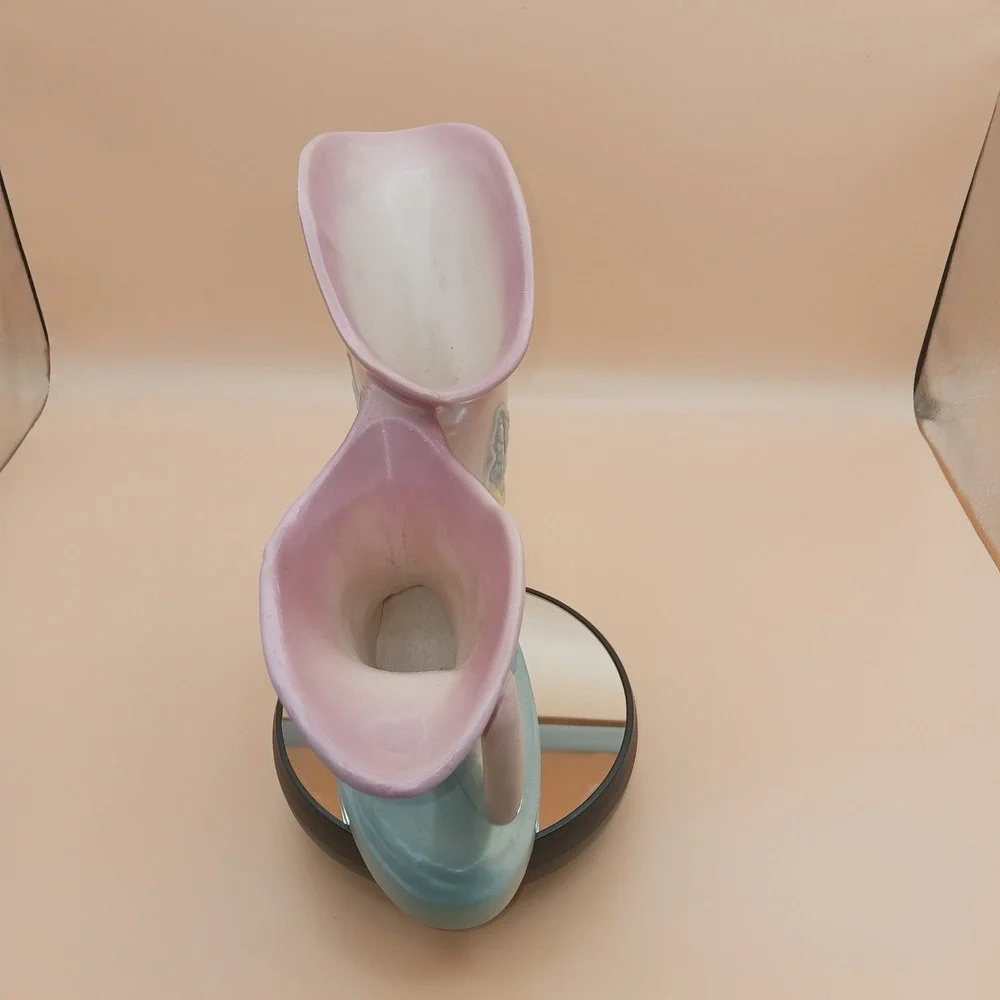 Hull Art Pottery Magnolia Double Cornucopia Vase Pink Blue Matte USA Vintage - Picture 6 of 10